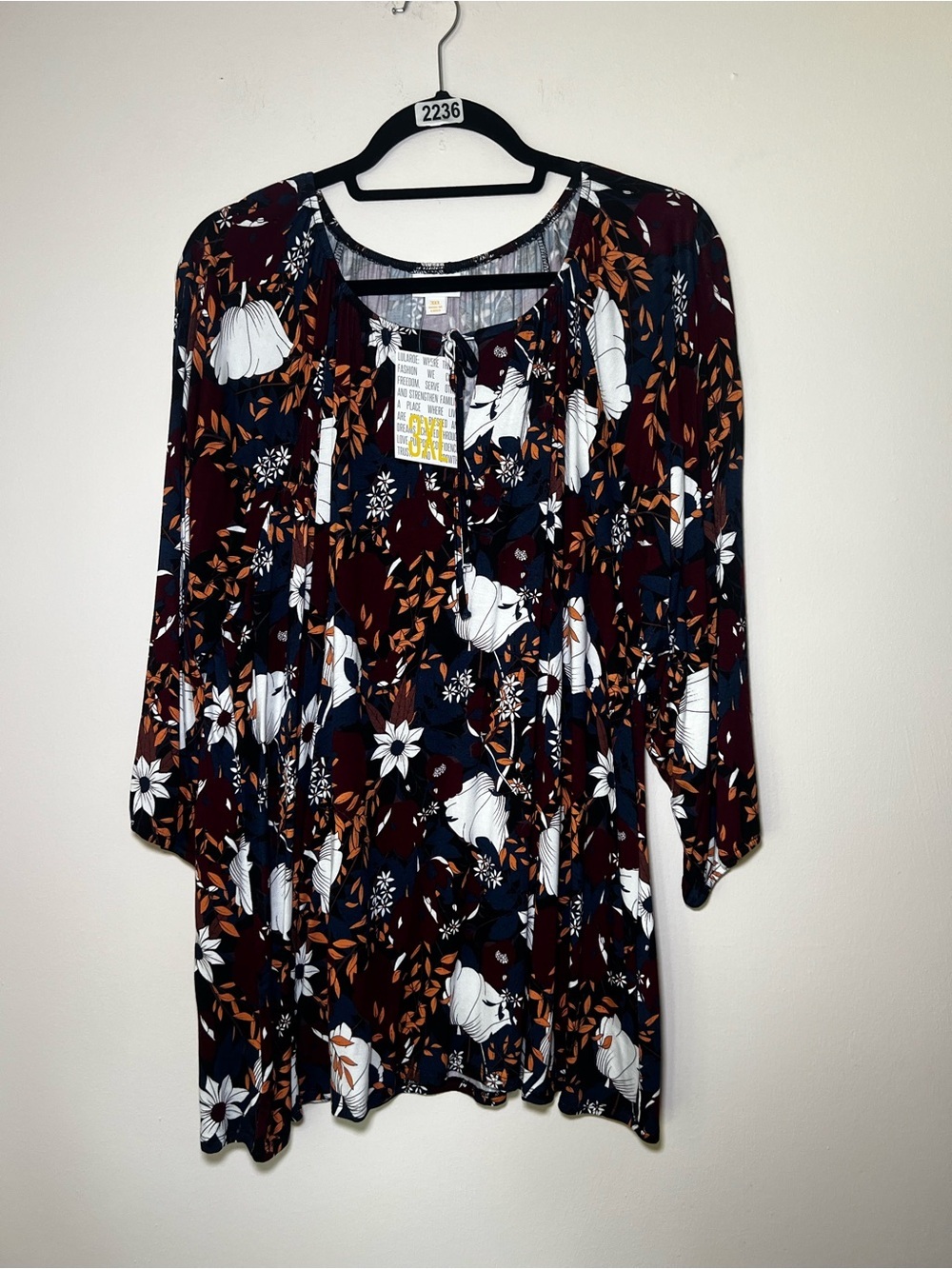 LuLaRoe Debra Floral Long Sleeve Peasant Top in Burgundy, White and Rust